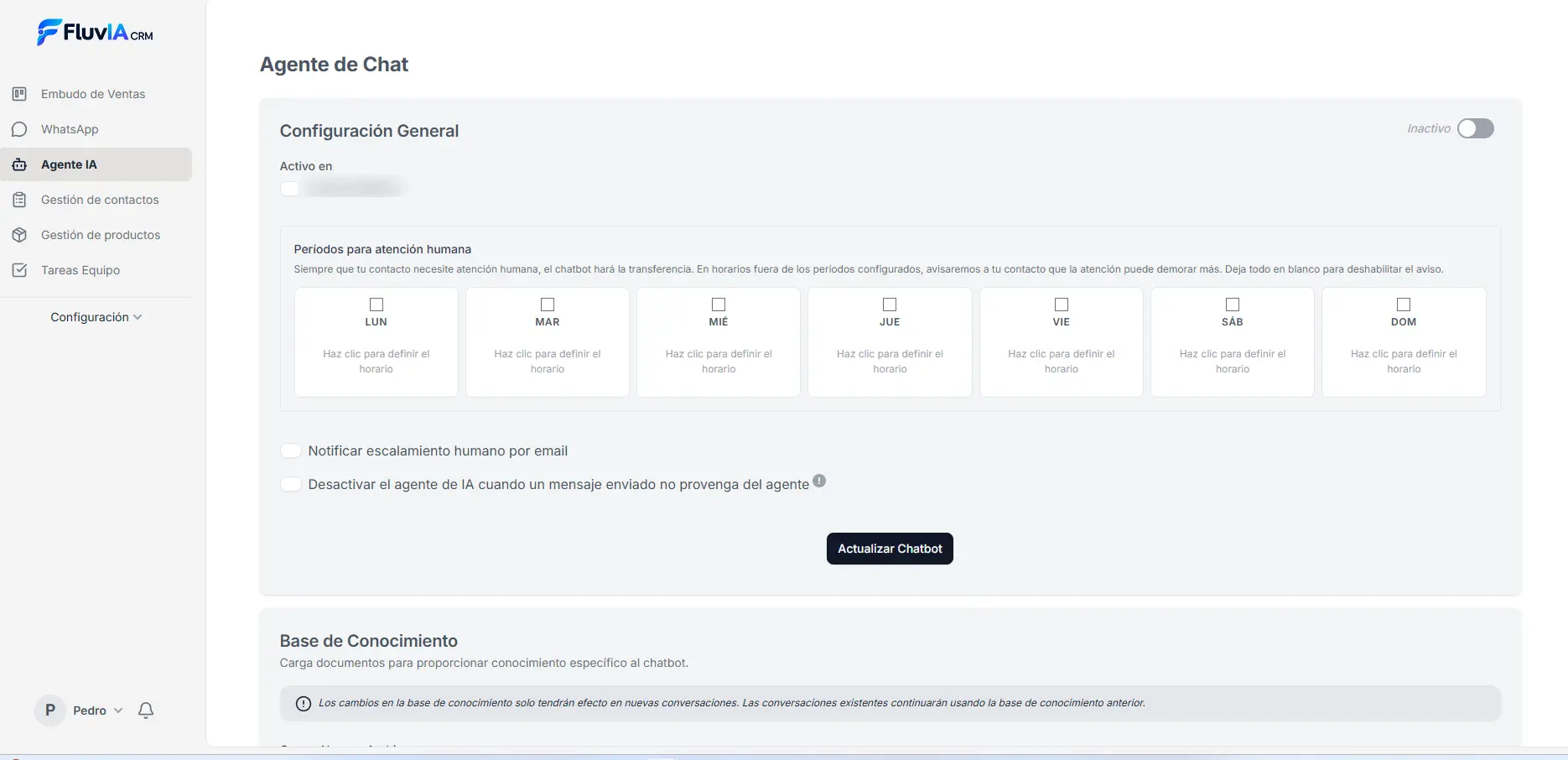 Configuración real del agente de IA de FluvIA