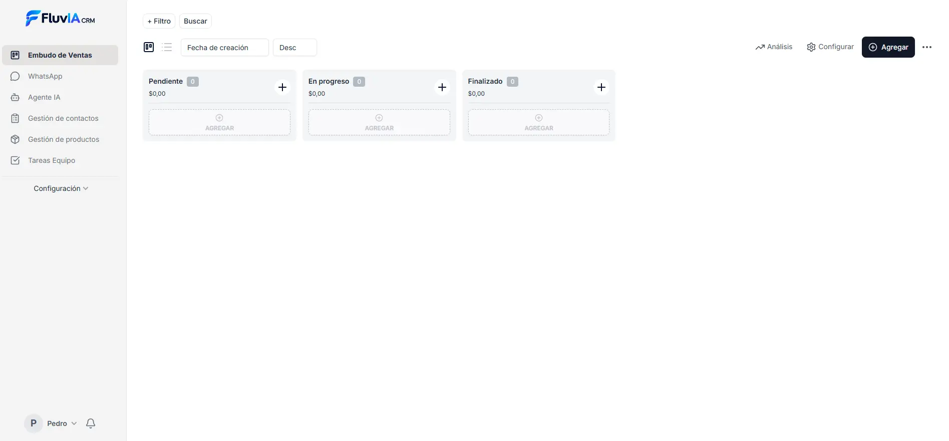 Embudo comercial real de FluvIA CRM